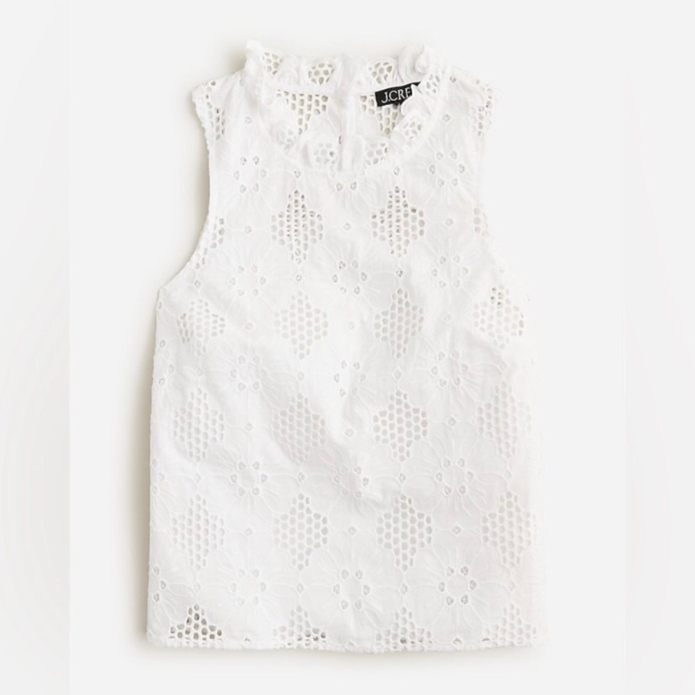 $128 NWOT J.Crew Fleur Ruffle Mock Neck White Eyelet Sleeveless Top Blouse XL - Picture 3 of 11